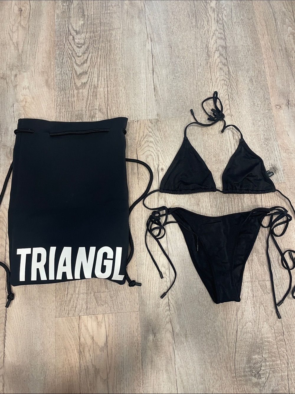 triangl swimwear Black String Triangle Bikini Set with Logo Bag